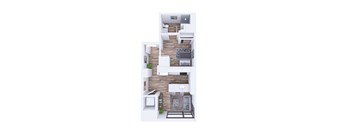 A top-down view of a small apartment with a kitchen, living room, and bedroom.