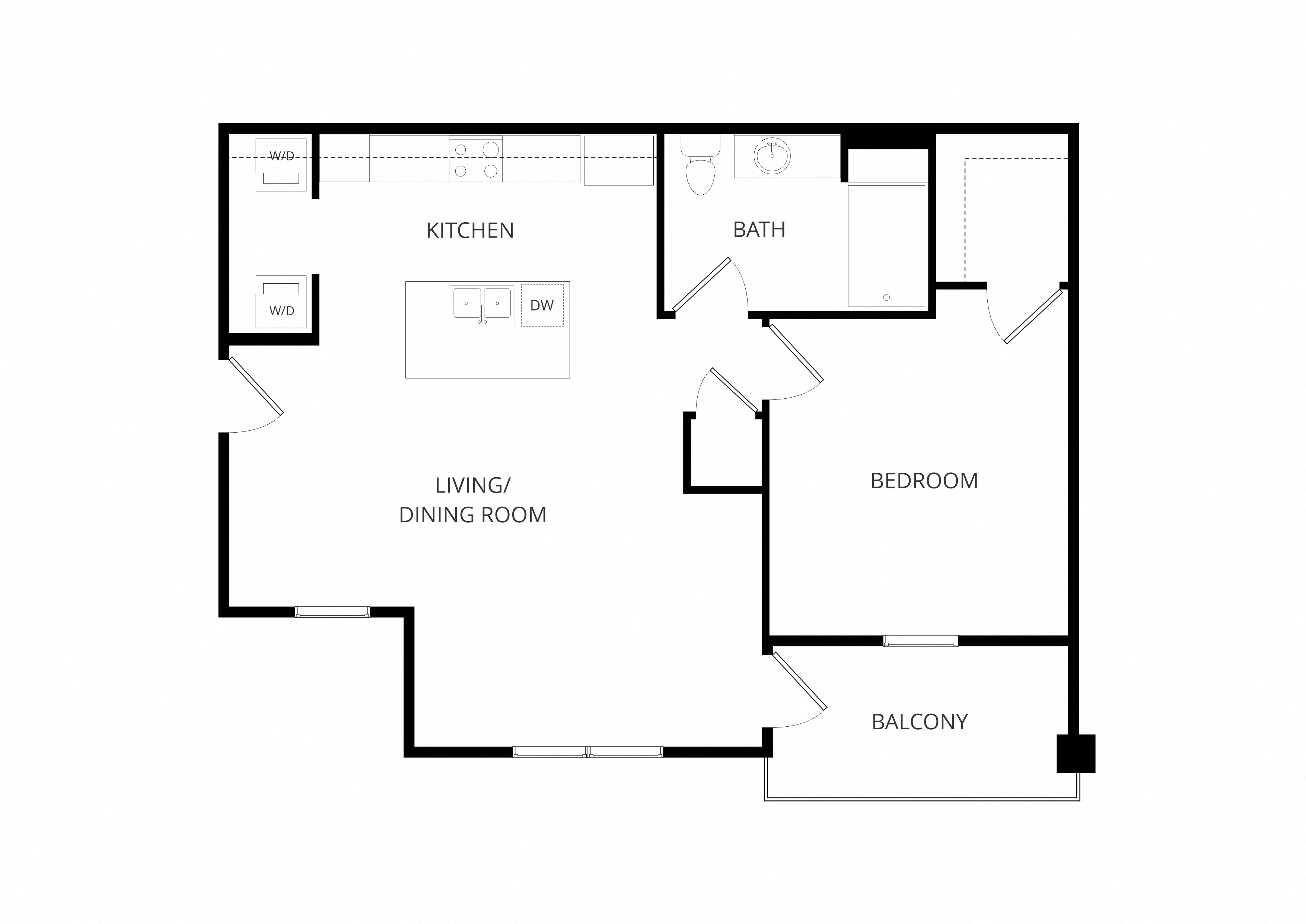 A floor plan of a house with a kitchen, living room, dining room, bathroom, bedroom, and balcony.