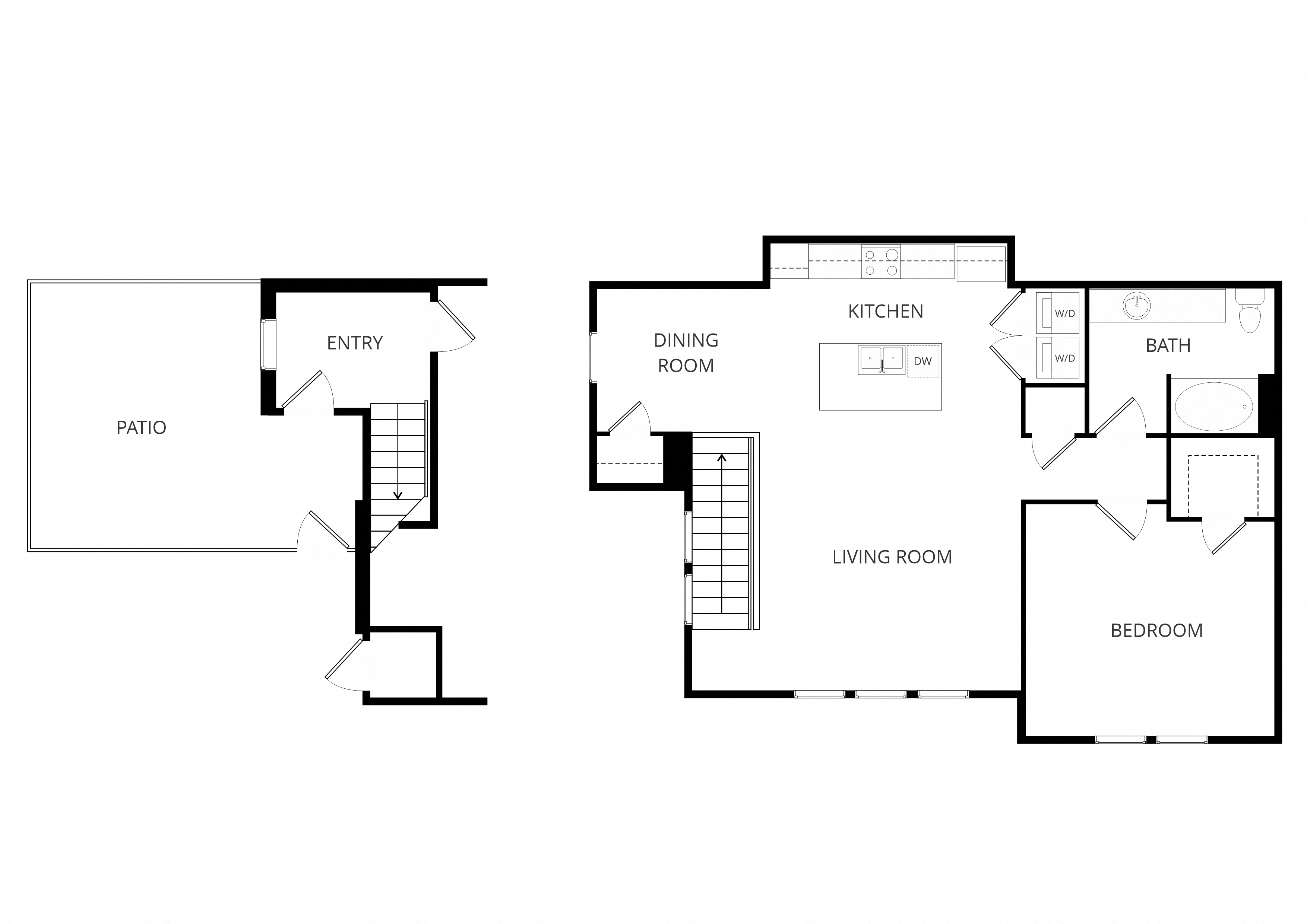 A floor plan of a house with a patio and a kitchen.