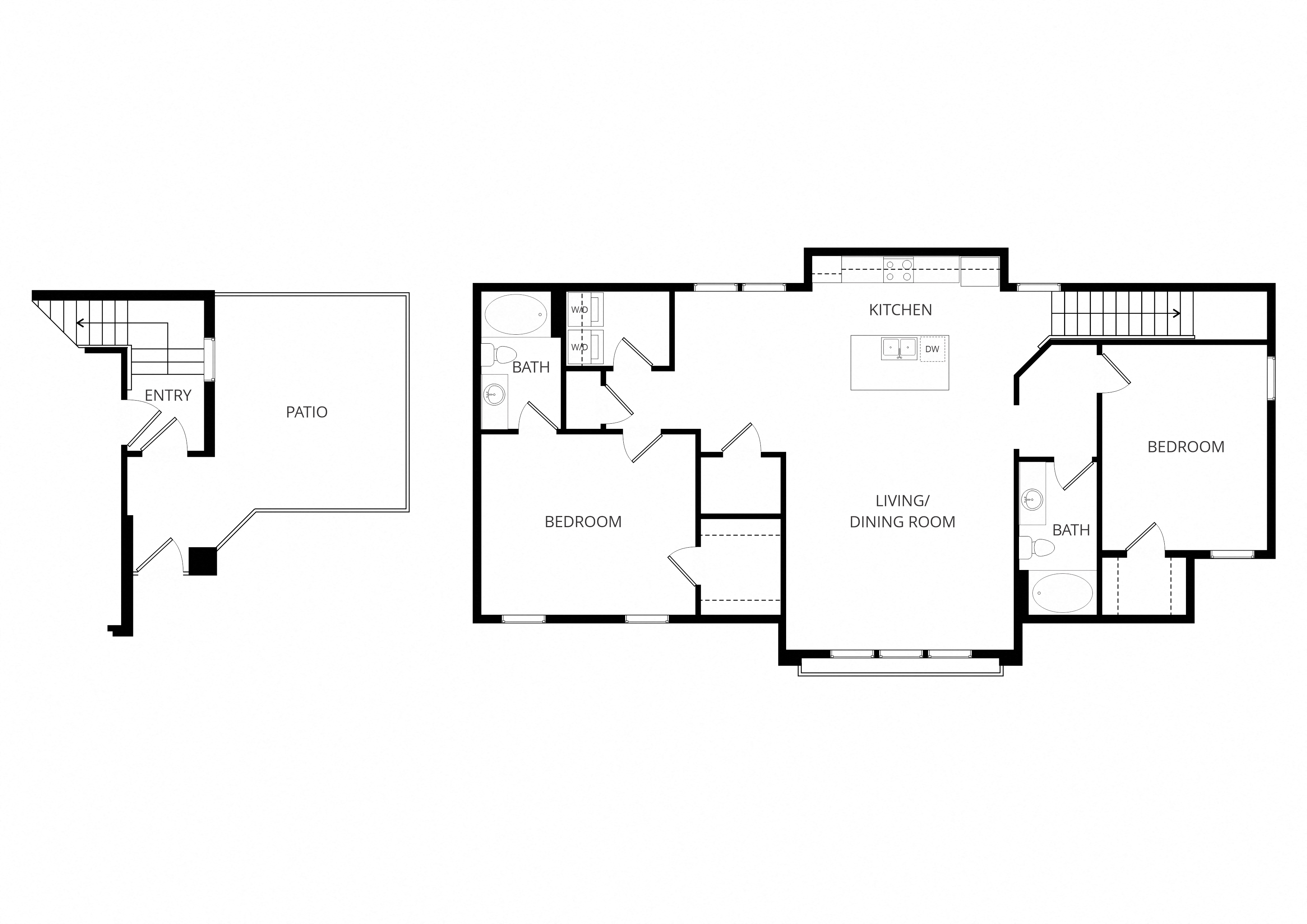 A floor plan of a house with a kitchen, living room, dining room, and two bedrooms.