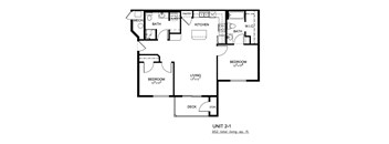 A floor plan of a living space with a kitchen, two bathrooms, a pantry, a dining area, and two bedrooms.