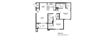 A floor plan of a 1,027 square foot apartment with two bedrooms, a living room, a dining room, a kitchen, a bathroom, and a storage area.
