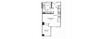 A floor plan of a house with a living room, kitchen, and two bedrooms.