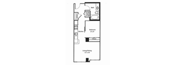 A floor plan of a small apartment with a bedroom, kitchen, and living/dining area.