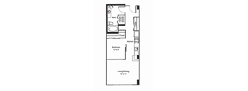 A floor plan of a small apartment with a living/dining area, kitchen, and bedroom.