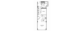 A floor plan of a small apartment with a living/dining area, kitchen, bedroom, and bathroom.