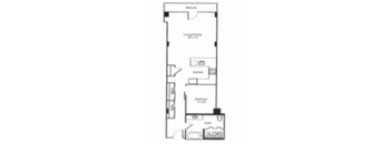 A floor plan of an apartment with a kitchen, living room, and two bedrooms.
