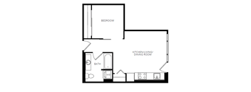 A floor plan of a small apartment with a bedroom, kitchen/living/dining room, and bathroom.