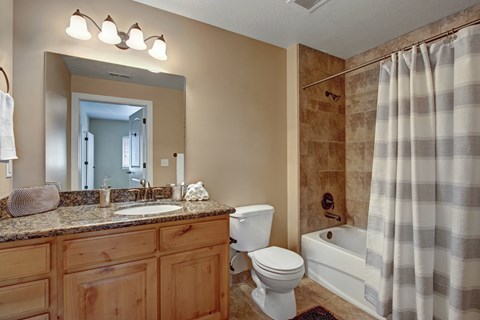 A bathroom with a toilet, sink, and shower.