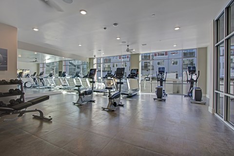 A spacious gym with a variety of equipment.