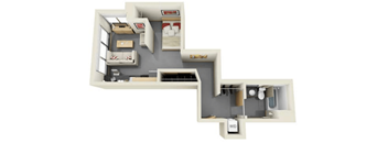 A 3D floor plan of a small apartment with a kitchen, living room, and bathroom.
