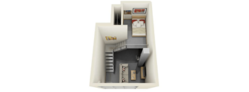 A 3D image of a small apartment with a bed, a couch, a desk, and a staircase.