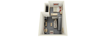 A 3D image of a small apartment with a bedroom, living room, and kitchen.