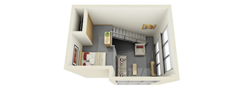 A 3D rendered image of a small apartment with a kitchen, living room, and bedroom.