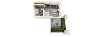 A 3D floor plan of a house with a living room, kitchen, and bathroom.