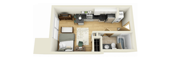 A top-down view of a small apartment with a bed, couch, and kitchen area.