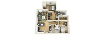 A 3D floor plan of a house with a living room, kitchen, dining room, and bedrooms.