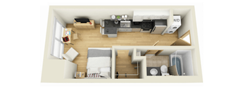 A top-down view of a small apartment with a kitchen, living room, and bedroom.