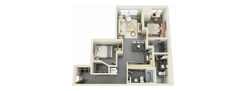 A 3D floor plan of a house with labeled rooms.