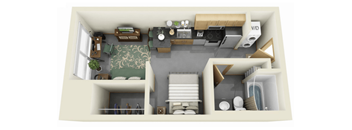 A top-down view of a small apartment with a living room, kitchen, and bathroom.