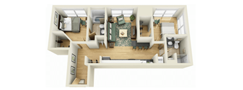 A 3D floor plan of a house with a living room, dining room, kitchen, and two bedrooms.