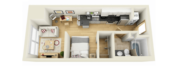 A top-down view of a small apartment with a kitchen, living room, and bedroom.