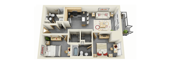 A 3D floor plan of a small apartment with a kitchen, living room, and bathroom.