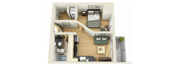 A 3D rendered image of a small apartment layout.