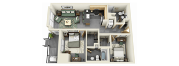 A top-down view of a two-bedroom apartment with a living room, kitchen, and bathroom.
