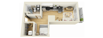 A top-down view of a small apartment with a kitchen, living room, and bedroom.
