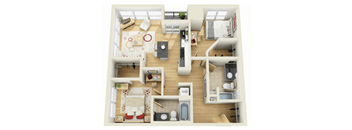 A floor plan of a house with a living room, kitchen, and bathroom.