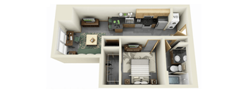 A 3D rendered image of a small apartment layout.