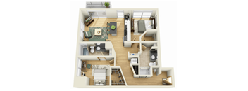 A 3D floor plan of a house with labeled rooms.