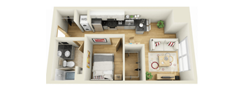 A 3D floor plan of a small apartment with a living room, kitchen, and bedroom.
