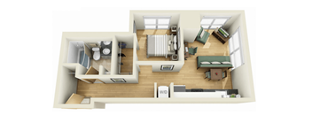A top-down view of a small apartment with a kitchen, living room, and bedroom.