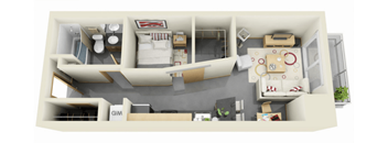 A 3D rendered image of a small apartment layout.