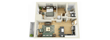 A 3D floor plan of a bedroom with a couch, bed, and desk.