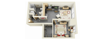 A 3D rendered image of a small apartment layout.