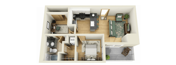 A 3D rendered image of a house layout.
