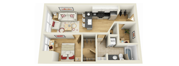A 3D floor plan of a small apartment with a kitchen, living room, and bathroom.