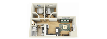 A top down view of a small apartment with a living room, kitchen, and bedroom.