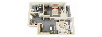 A 3D floor plan of a house with a living room, kitchen, dining room, and bedrooms.