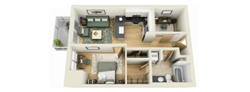 A top-down view of a small apartment with a bedroom, living room, and kitchen.