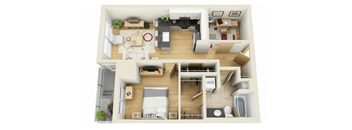 A 3D floor plan of a house with a living room, kitchen, and two bedrooms.