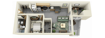 A 3D floor plan of a house showing a living room, kitchen, dining room, and two bedrooms.