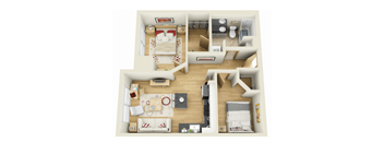 A 3D floor plan of a small apartment with two bedrooms and a living room.