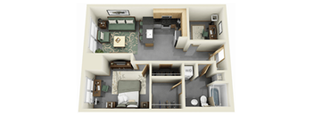 A top-down view of a small apartment with two bedrooms, a living area, and a kitchen.