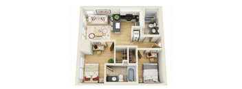 A top-down view of a small apartment layout with a living room, kitchen, and bedroom.