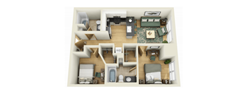 A 3D floor plan of a house with a living room, kitchen, and bathroom.