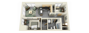 A top-down view of a small apartment with a kitchen, living room, and bathroom.